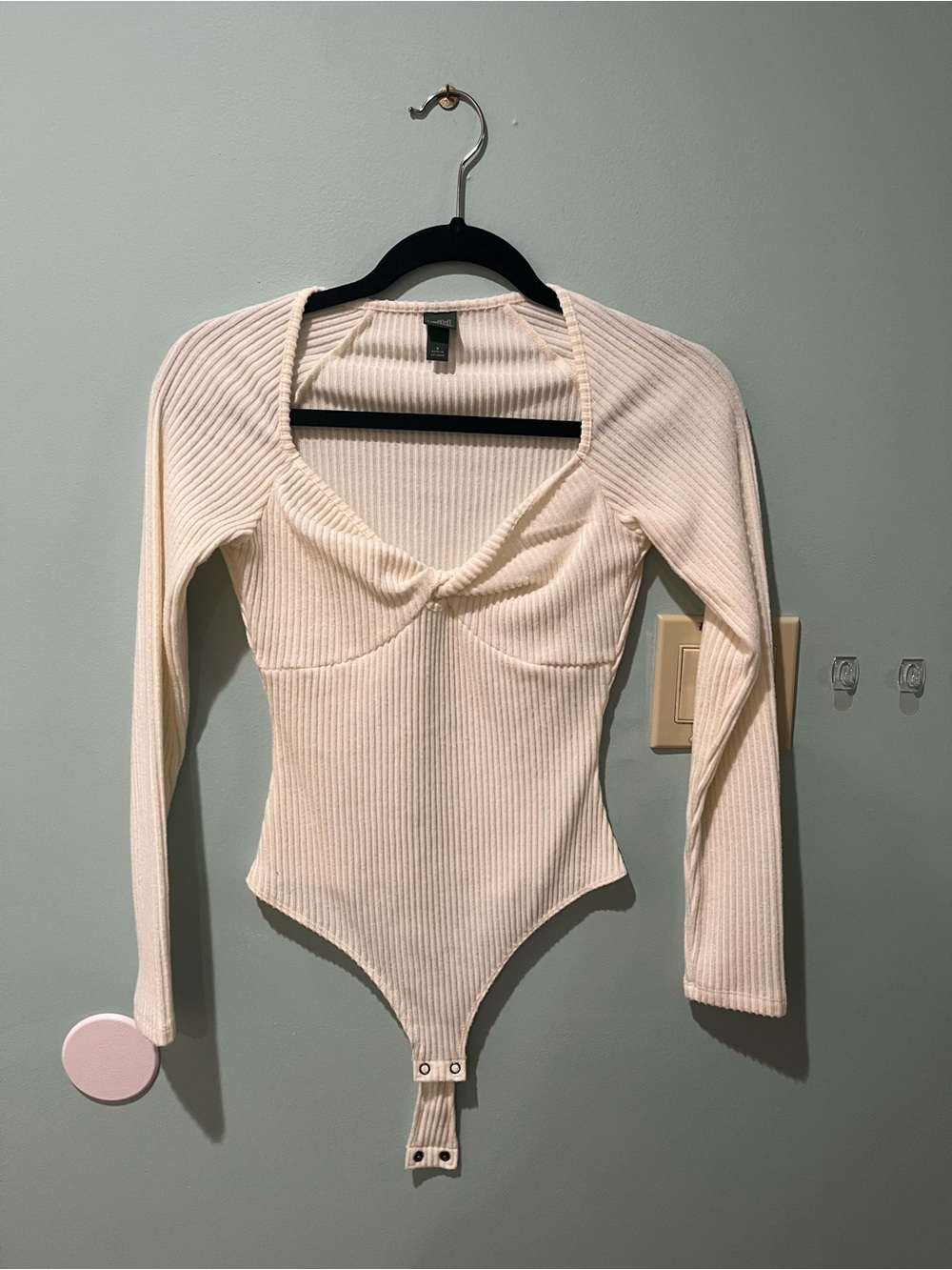 wild fable Cream Ribbed Twist-Front Long-Sleeve Bodysuit